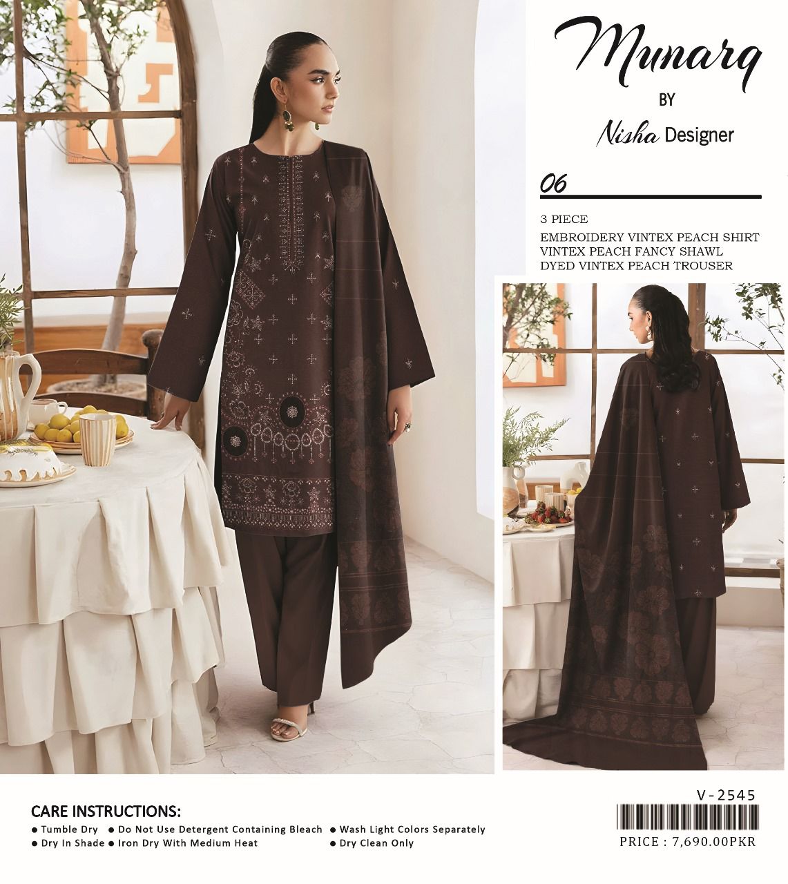 Munarq Vintex Peach Embroidered 3-Pc