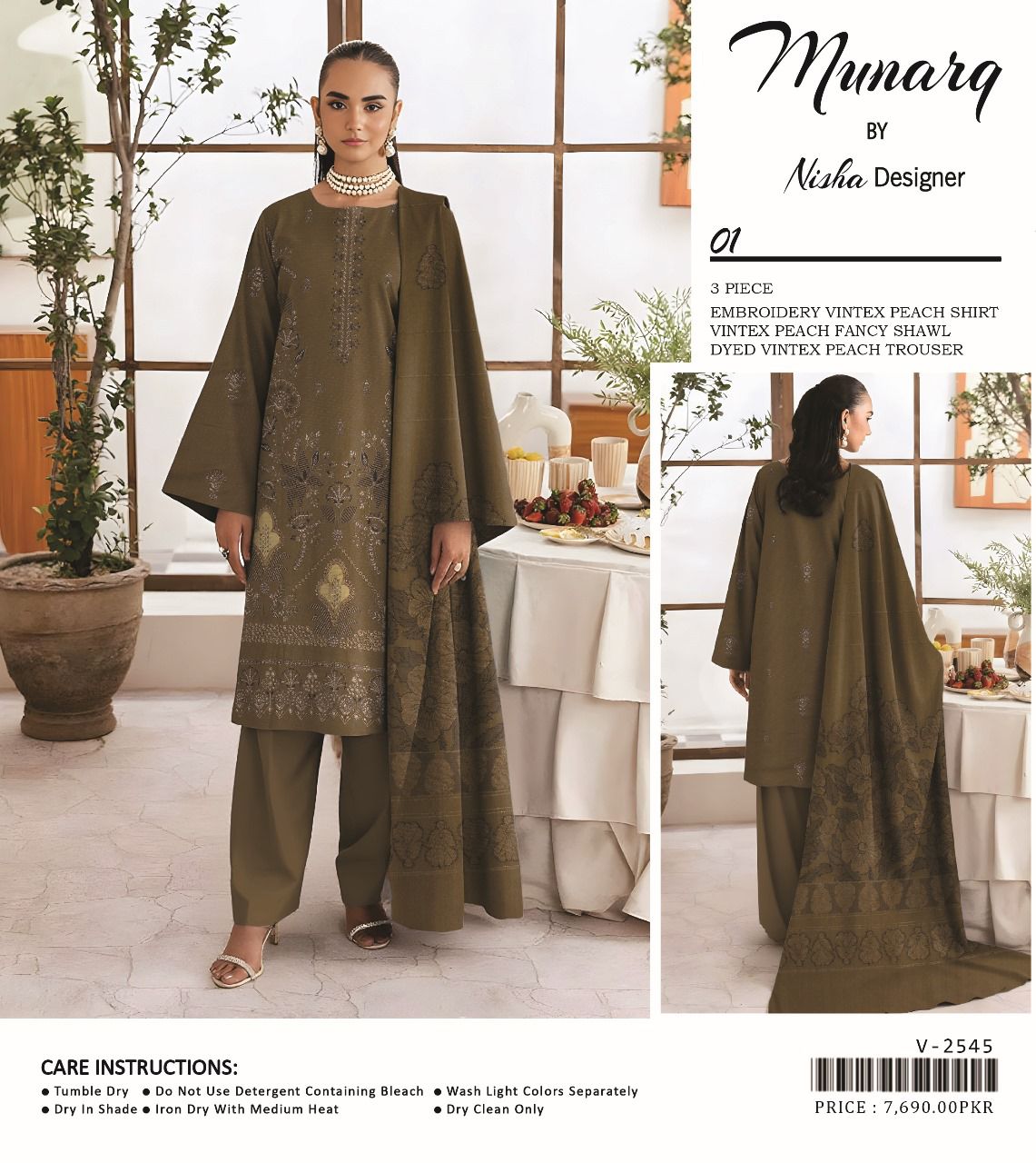 Munarq Vintex Peach Embroidered 3-Pc