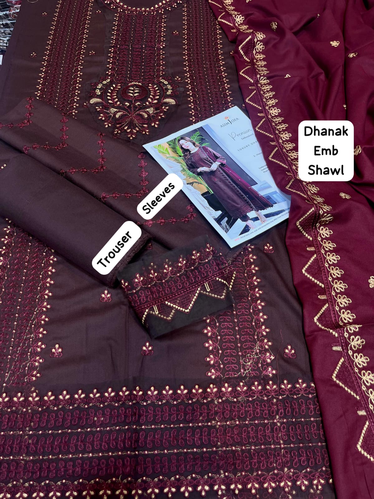 AismJofa Brand Luxury Embroidered Article Premium 3-piece Dhanak Suit with Dhanak Heavy Embroidered Shawl