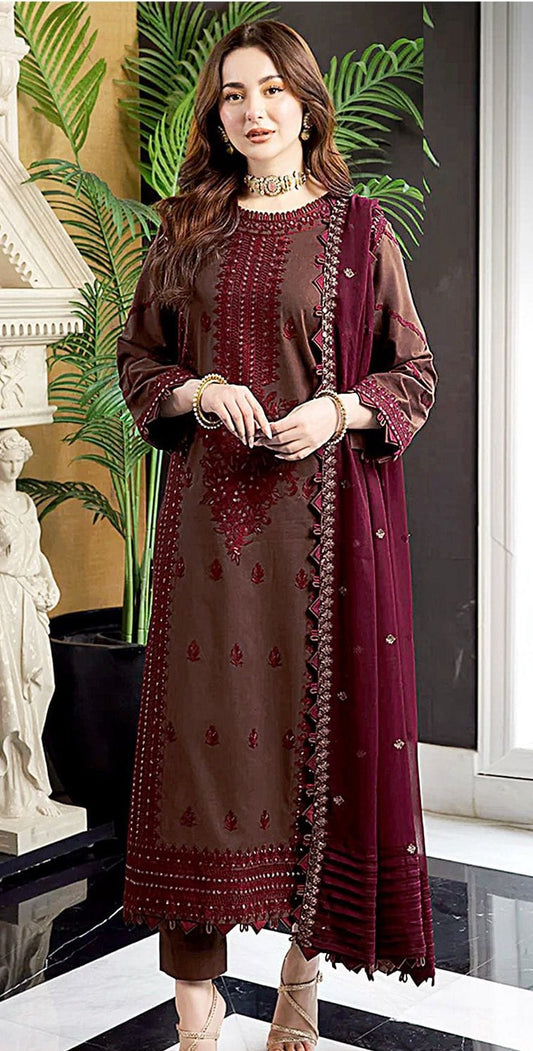 AismJofa Brand Luxury Embroidered Article Premium 3-piece Dhanak Suit with Dhanak Heavy Embroidered Shawl