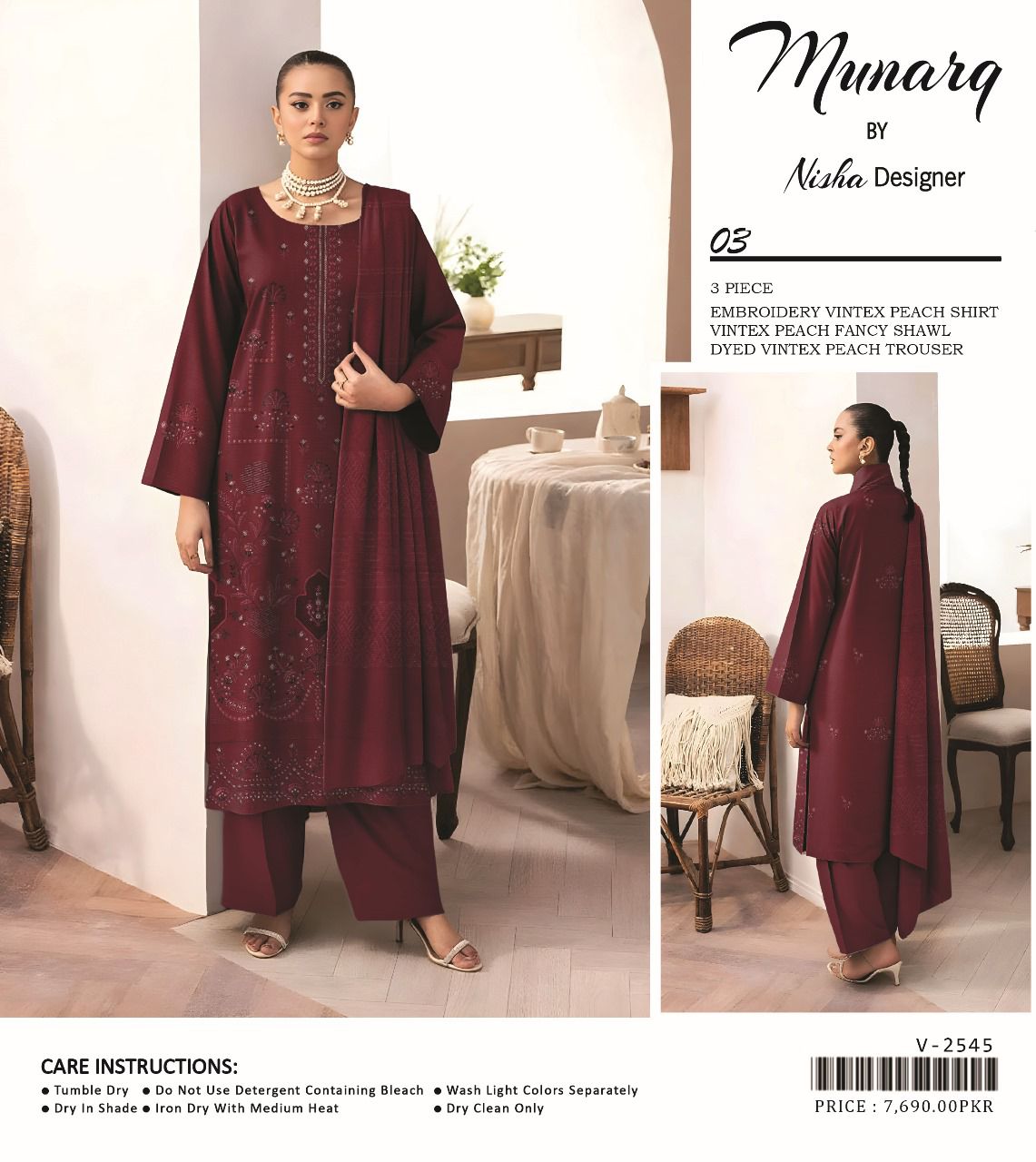 Munarq Vintex Peach Embroidered 3-Pc