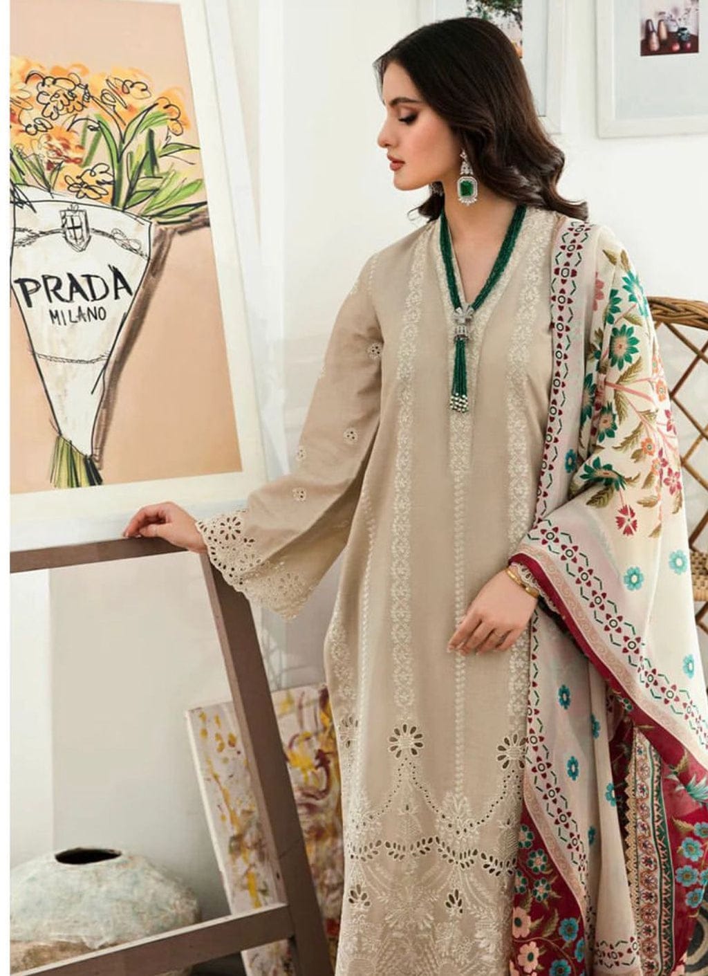 Maria.B. Brand Luxury Embroidered Article Premium 3-piece Dhanak Suit with Pashima Printed Shawl