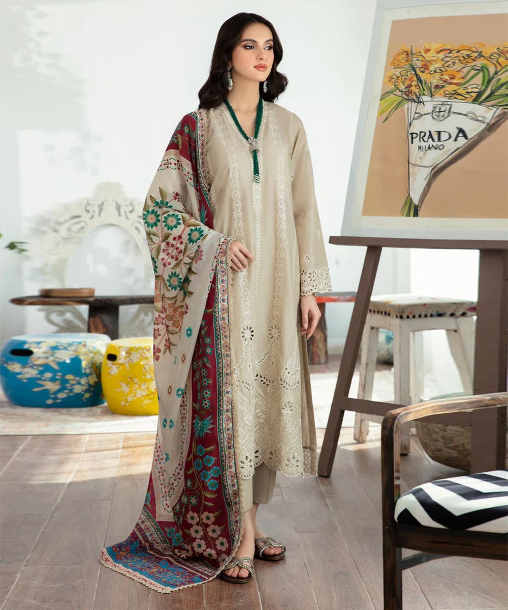 Maria.B. Brand Luxury Embroidered Article Premium 3-piece Dhanak Suit with Pashima Printed Shawl