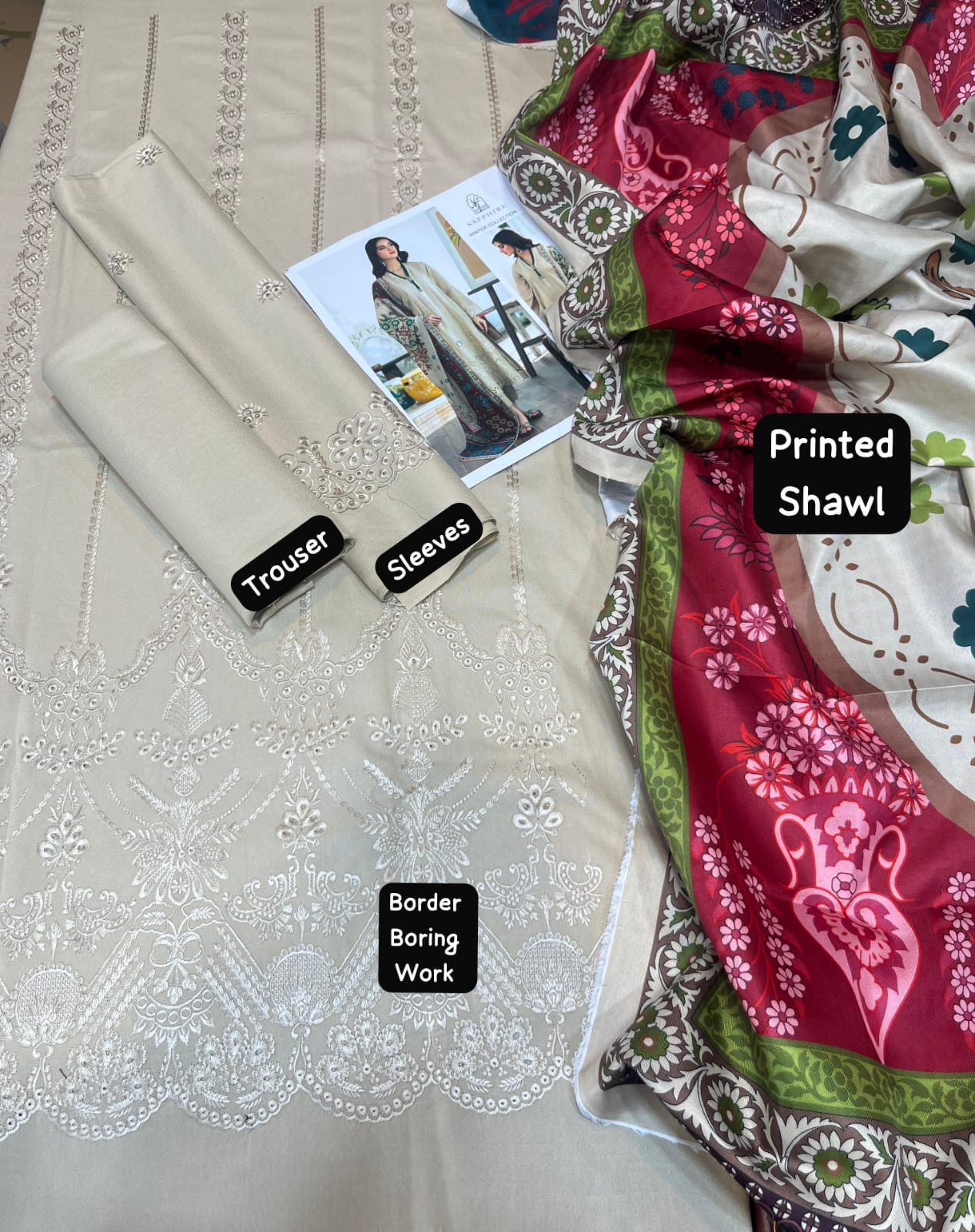 Maria.B. Brand Luxury Embroidered Article Premium 3-piece Dhanak Suit with Pashima Printed Shawl